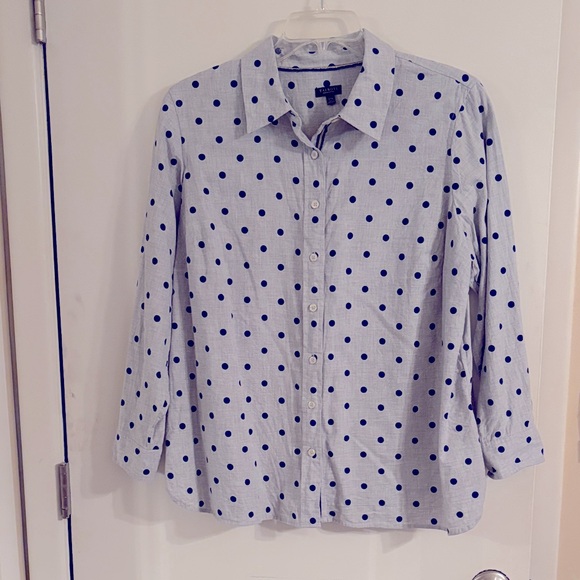 Talbots Tops - Talbots Grey Blouse with Blue Polka Dots